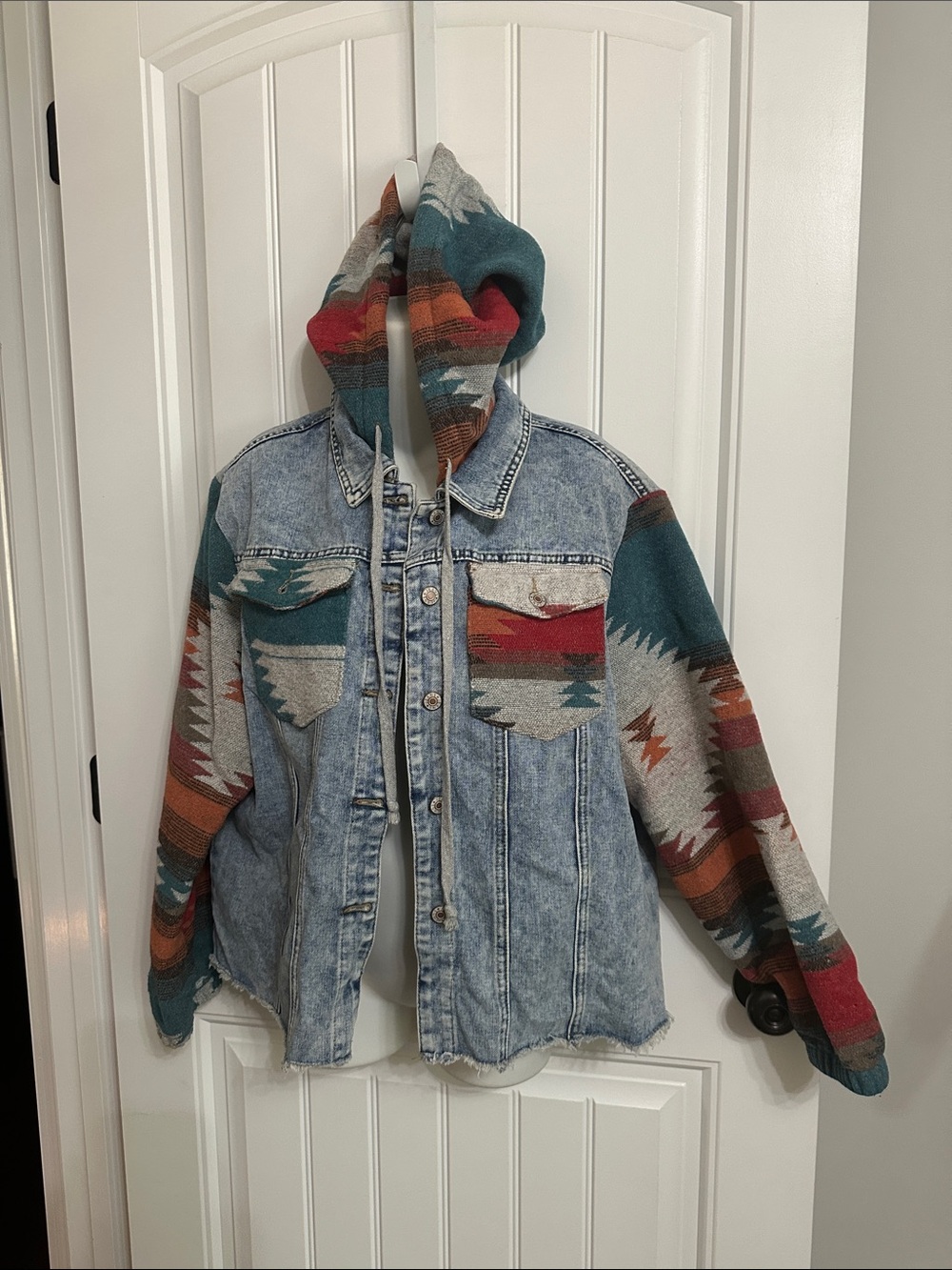 Southwestern Navajo Denim Detachable Hoodie Jacket  size large